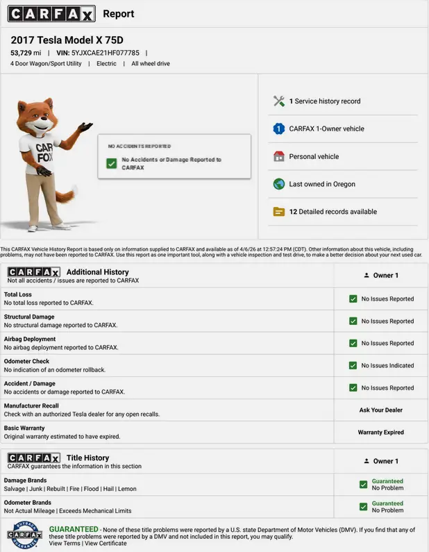 2017 Tesla Model X 75D — FSD, Clean Carfax For Sale | Low Miles | Live Auction