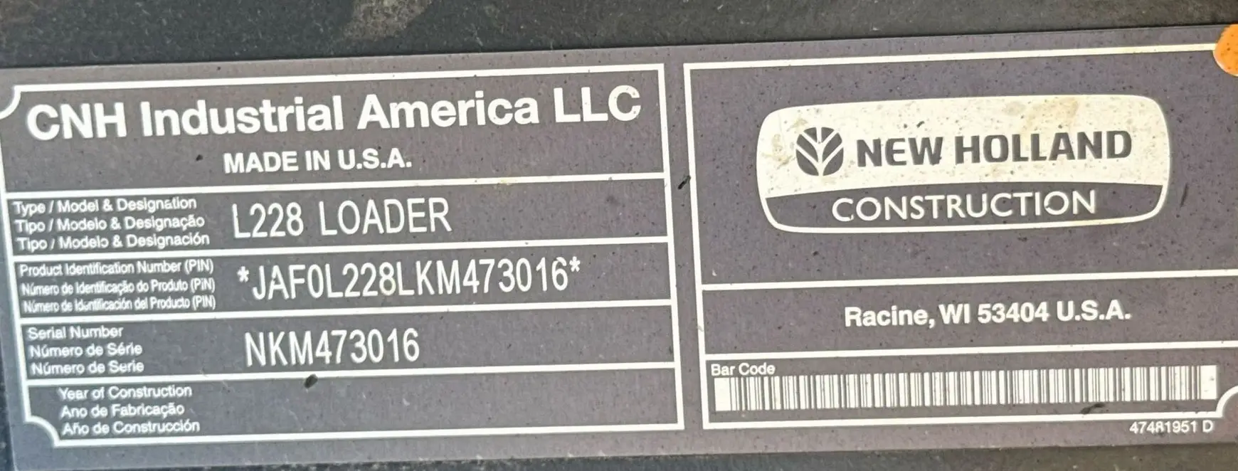 2019 New Holland L228 skid steer loader